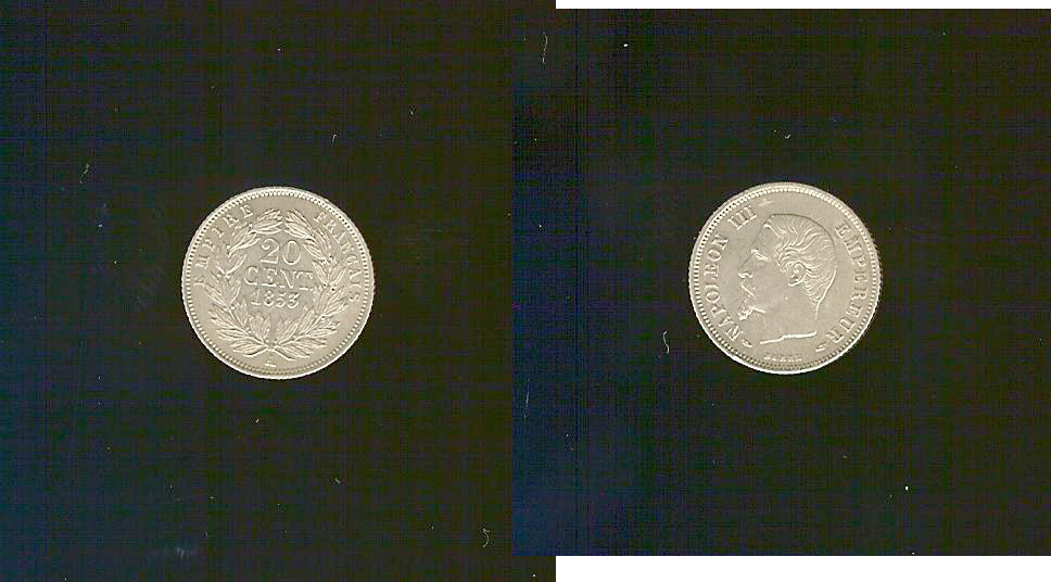 20 centimes Napoléon III, tête nue 1853 Paris TTB+